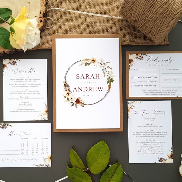 Boho Wedding Invitation Set  With Finer Details, Menu Choices, RSVP + Menu & Choice of Envelopes - Bohemian A5 Luxury Wedding Invites