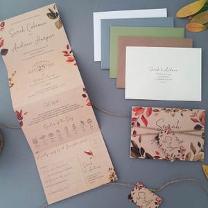 Rustic Autumn Fall Wedding Invitation Set , Eucalyptus Concertina Trifold Luxury Wedding Invites With Personalised Tag, Twine & Envelopes image 2