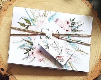 Wedding Invitation Set With Choice of Envelopes Featuring Floral Blush Pink, Blue & White - Concertina Invite with Tags and Rustic Twine