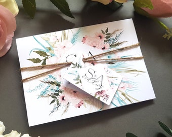 Hochzeitseinladungs-Set - Boho Blush Pink, Blau & Weiß - Concertina Trifold Hochzeitseinladungen mit Tags, rustikalem Garn und Umschlägen