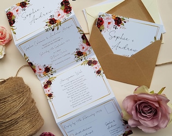 Burgundy Wedding Invitation Set - Pink Floral Concertina Trifold Wedding Invites Or Reception Invites With Envelopes,