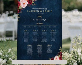 Blue Burgundy Wedding Seating Chart, A1, A2 Personalised Wedding Table Plan, Wedding Decor, Wedding Gift, Table Planner, Seating Chart Sign