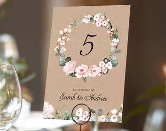 Blush Pink Floral kraft Table Numbers or Table Names | Any Colour Font | A5 double sided cards | Weddings | Dinner or Gala Event