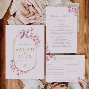 Cherry Blossom Wedding Invitation Set With Envelopes - Gold - Finer Details, Menu Choices, RSVP + Menu - A5 Wedding Invites