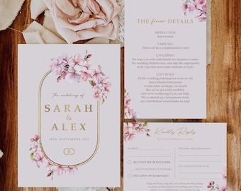Cherry Blossom Wedding Invitation Set With Envelopes - Gold - Finer Details, Menu Choices, RSVP + Menu - A5 Wedding Invites