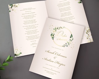 Gold & White Floral Order of Service for Weddings | Order of the Day | A4 folded to A5 Wedding Programmes or booklets