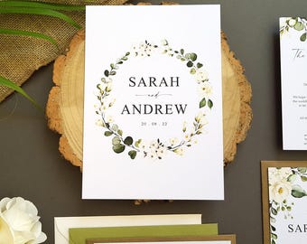 White Floral Wedding Invitation Set  With Finer Details, Menu, Menu Choices & RSVP + Choice of Envelopes - Luxury Wedding Invites A5 Size