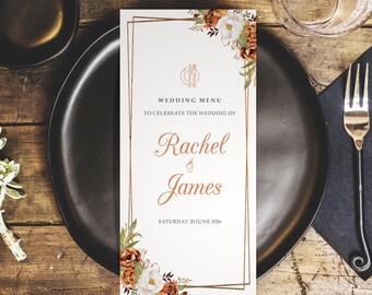 Autumn Floral Wedding Menus - Copper Border Personalised Wedding Menus for the venue - DL Size Menus - Wedding Table Decorations