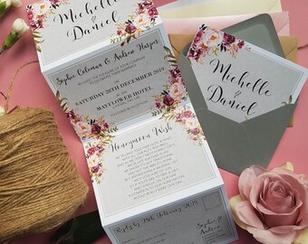 Blush Grey Wedding Invitation Set - Concertina Trifold Wedding Invites - Floral Blush Grey Luxury Wedding Invites