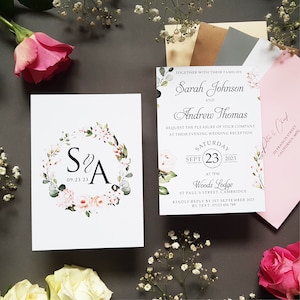 Blush roze bloemen bruiloft uitnodigingsset of avonduitnodiging, receptie nodigt inclusief enveloppen, platte A6 kaart bruiloft uitnodigingen