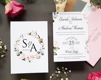 Blush Pink Floral Wedding Invitation Set or Evening Invitation, Reception Invites Including Envelopes, A6 Flat Card Wedding Invites