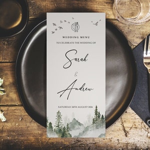 Misty Forest Menus de casamento personalizados - Menus de tamanho DL - Menus de casamento personalizados para o local - Decorações de mesa - Decoração de casamento