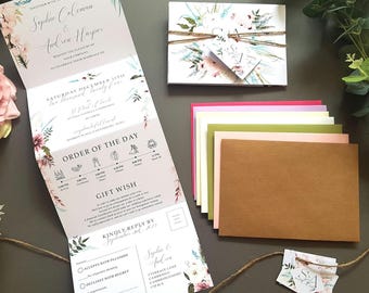 Wedding Invitation Set - Boho Blush Pink, Blue & White  - Concertina Trifold Wedding Invites with Tags, Rustic Twine and Envelopes