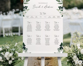 Tabla de asientos de boda Greenery, A1, A2 Plan de mesa de boda personalizado, decoración de boda, planificador de mesa, cartel de tabla de asientos