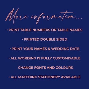 May include: A pink text graphic on a dark blue background with the text "More information..." and a list of features for wedding table numbers, including: print table numbers or table names, printed double sided, print your names & wedding date, all wording is fully customizable, change fonts and colors, and all matching stationery available.