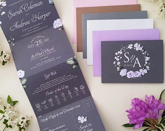 Grey Lilac Wedding Invitation Set -  Concertina Trifold Wedding Invites With Tags, Rustic Twine & Envelopes