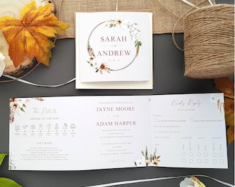 Boho Wedding Invitation Set  With Envelopes, Trifold Luxury Wedding Invites or Evening Reception Invitations - Bohemian Floral