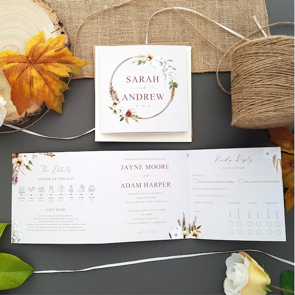 Ensemble d'invitations de mariage Boho avec enveloppes, invitations de mariage de luxe à trois volets ou invitations à une réception en soirée - Boho Floral