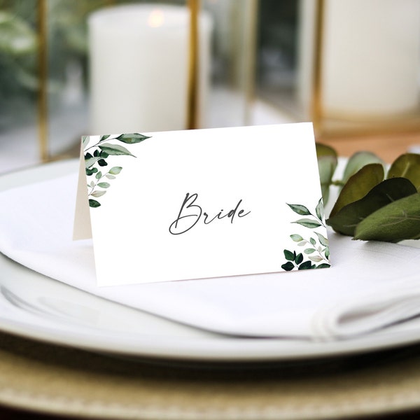 Marque-places pour mariage de verdure | Impression du nom de l'invité incluse + choix de menu | Couverts de mariage | N'importe quelle couleur de police | Marque-places