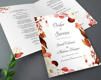 Autumn Fall Order of Service for Weddings - Eucalyptus White Floral | Order of the Day | Wedding Programmes