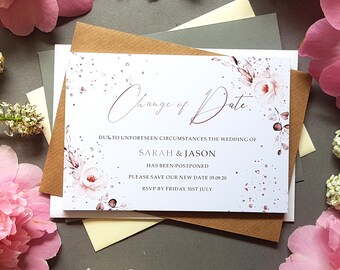 Rose Gold Change the Date or Save the Date Cards for Postponed Weddings With Envelopes, Wedding Date Changed Cards - Save the Date Cards