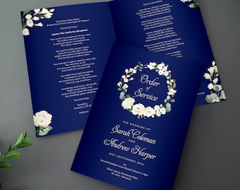 Blue White Floral Order of Service for Weddings | Order of the Day | A4 folded to A5 Wedding Programmes or booklets