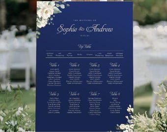 White Navy Floral Wedding Seating Chart, A1, A2 Personalised Wedding Table Plan, Wedding Decor, Wedding Gift, Table Planner, Seating Sign