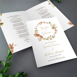Ordine di servizio autunnale per matrimoni / Ordine del giorno in eucalipto / Programmi o opuscoli per matrimoni A4 piegati in A5