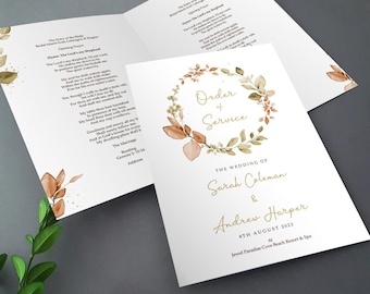 Autumn Fall Order of Service for Weddings | Eucalyptus Order of the Day | A4 folded to A5 Wedding Programmes or booklets