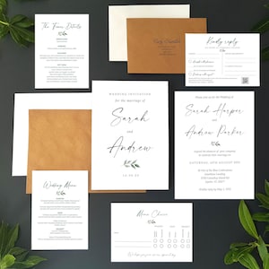 Greenery Wedding Invitation Set A5 featuring a minimalist leafy element - Finer Details, Menu Choices, RSVP + Menu & Choice of Envelopes
