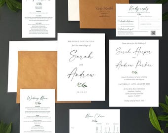 Greenery Wedding Invitation Set A5 featuring a minimalist leafy element - Finer Details, Menu Choices, RSVP + Menu & Choice of Envelopes