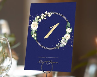 Blue & Gold White Floral Table Numbers or Table Names | Any Colour Font | A5 double sided cards | Weddings | Dinner or Gala Event
