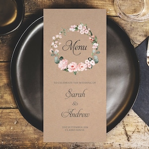 Rustic Blush Personalised Wedding Menus - DL Size Menus - Personalised Wedding Menus for the venue - Wedding Table Decorations