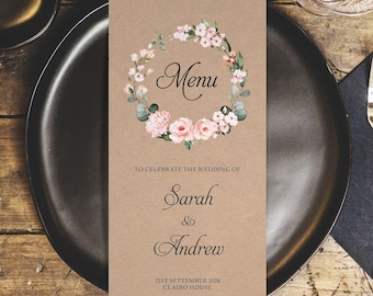 Rustic Blush Personalised Wedding Menus - DL Size Menus - Personalised Wedding Menus for the venue - Wedding Table Decorations