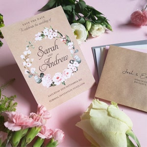 Blush Kraft Floral Save the Date-kaarten of bewaar de avond of het weekend met enveloppen - elke kleur of elk bericht - Save the Date-trouwkaart