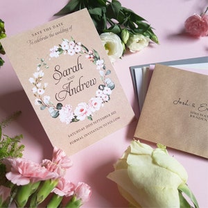 Blush Kraft Floral Save the Date Cards Or Save the Evening or Weekend With Envelopes - Any Colour or Message - Save the Date Wedding Card