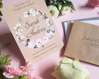 Blush Kraft Floral Save the Date Cards Or Save the Evening or Weekend With Envelopes - Any Colour or Message - Save the Date Wedding Card