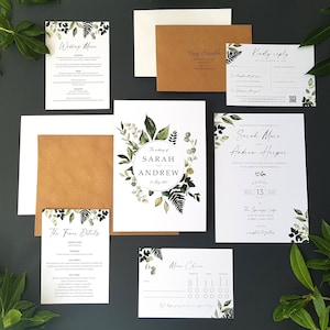 Greenery Wreath Wedding Invitation Set  With Finer Details, Menu Choices, RSVP + Menu & Choice of Envelopes - A5 Luxury Wedding Invites