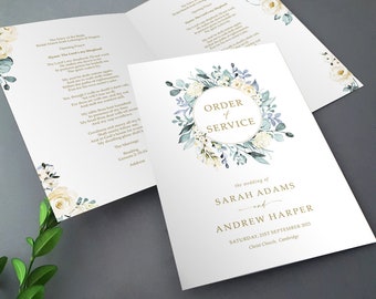 Blue Gold Order of Service for Weddings | Greenery Order of the Day | A4 folded to A5 Wedding Programmes or booklets