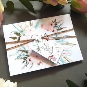 Hochzeitseinladungs-Set - Boho Blush Pink, Blau & Weiß - Concertina Trifold Hochzeitseinladungen mit Tags, rustikaler Schnur und Umschlägen