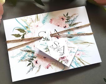 Wedding Invitation Set - Boho Blush Pink, Blue & White  - Concertina Trifold Wedding Invites with Tags, Rustic Twine and Envelopes