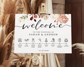 Boho Autumn Order of the Day Wedding Welcome Sign in Any Colour, A1, A2 Personalised Wedding Signs, Welcome Wedding Board, Wedding Sign