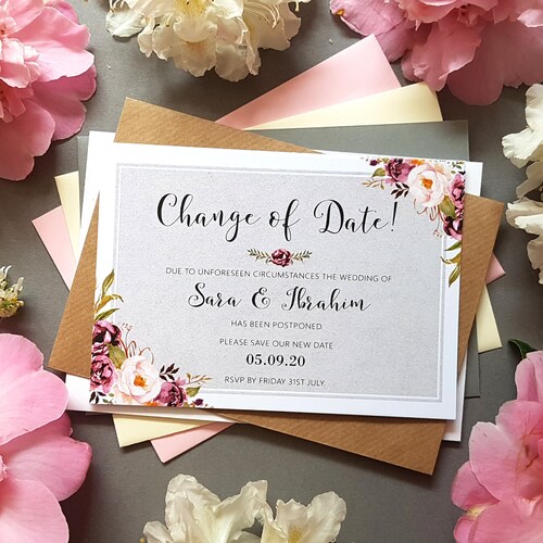 10X Personalised Wedding 'Change Of Date' Or 'Save The New Date' Cards + Envelopes + Magnets (A7 Size, White/Ivory/Kraft)