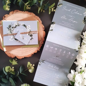 Baby's Breath Wedding Invitation Set - Gypsophila Luxury Concertina Trifold Luxury Wedding Invites With Tags, Rustic Twine & Envelopes
