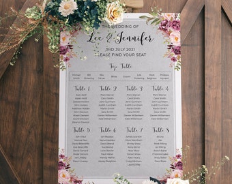 Wedding Seating Chart, A1, A2 Personalised Wedding Table Plan, Wedding Decor, Wedding Gift, Grey Blush Table Planner, Seating Chart Sign