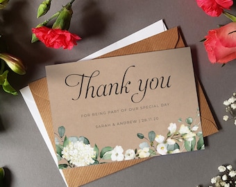 White Floral Wedding Thank You Cards With Envelopes - Any Thank You Message or Wedding Favour Message