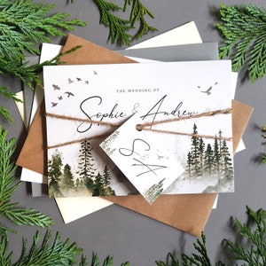 Misty forest wedding invitations include woodland mountain theme menu, menu choices, gift wish, rsvp and other finer details.