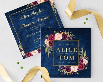 Wedding Invitation Set - Square Double Sided for Wedding Day or Evening Reception Invites + Envelopes - 9 Designs in Any Colour