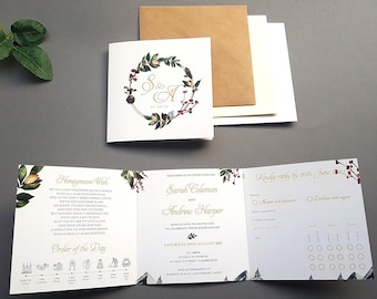 Winter Wedding Invitation Set  -  Concertina Trifold Luxury Wedding Invites with Choice of Envelopes - Christmas Wedding