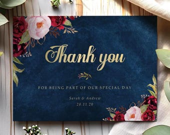 Navy Burgundy Wedding Thank You Cards With Envelopes - Any Thank You Message or Wedding Favour Message